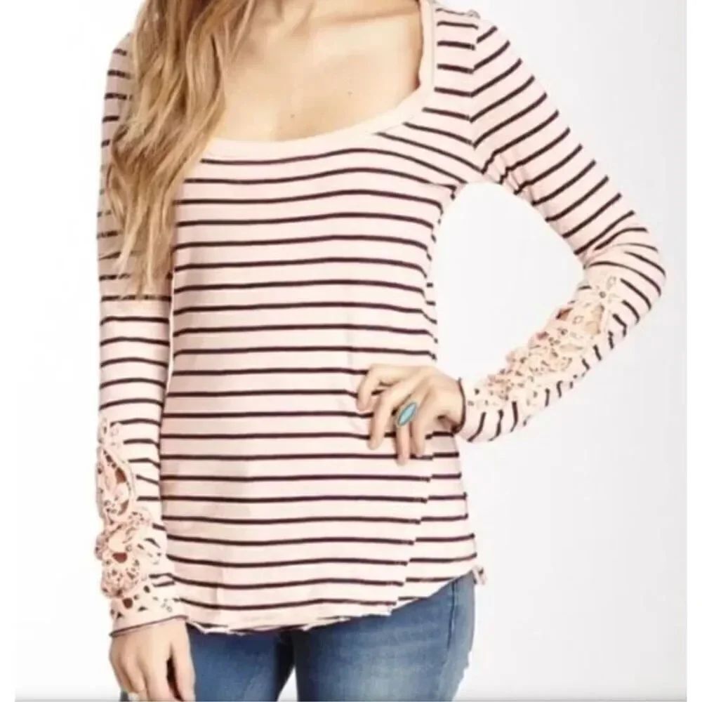 32- FREE PEOPLE Tuscaloosa Hard Candy Cuff Striped BOHO PINK Shirt Top sz XS